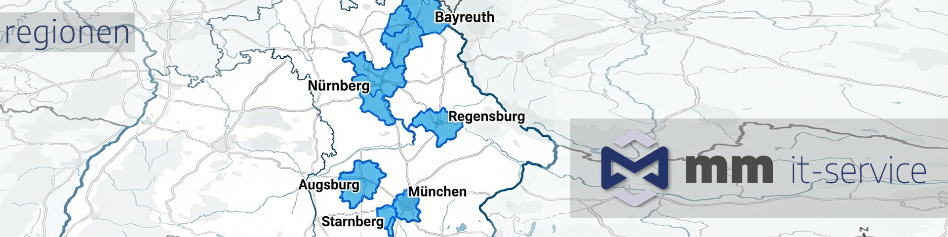 Übersichtskarte von Bayern mit betonten Regionen für IT-Service und Kundenbetreuung